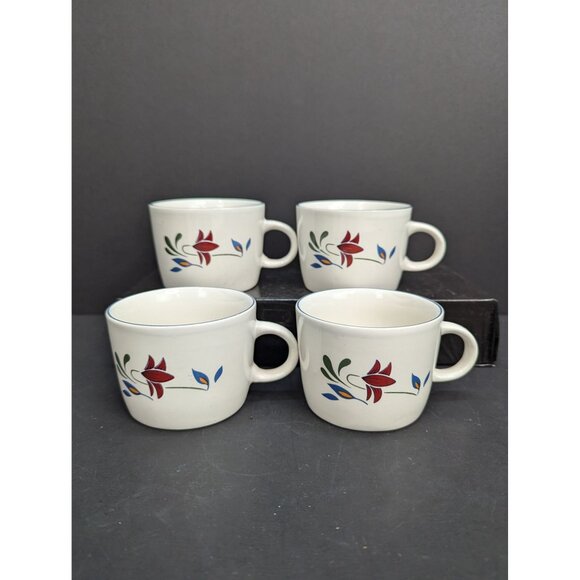 Vintage Newcor Stoneware Copenhagen Design 6 Oz Flat Coffee/Tea Cups Set of 4 - Picture 1 of 8